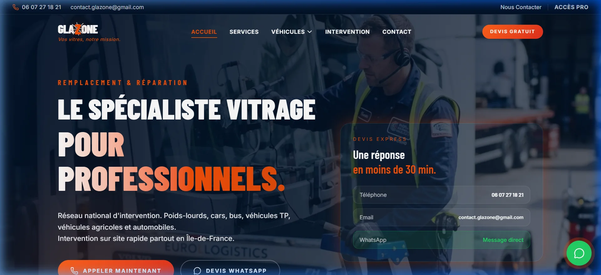 Démo interactive Glazone - Windshield Repair & Window Tinting développée par TY Dev
